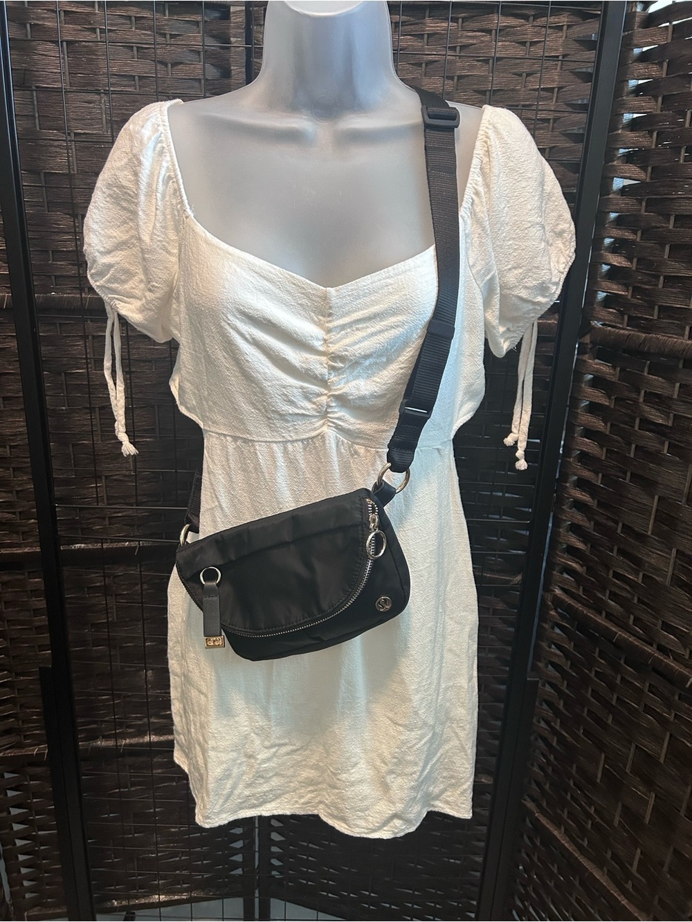 Lululemon Black all night Micro 2L adjustable festival Sling Bag gold hardware.